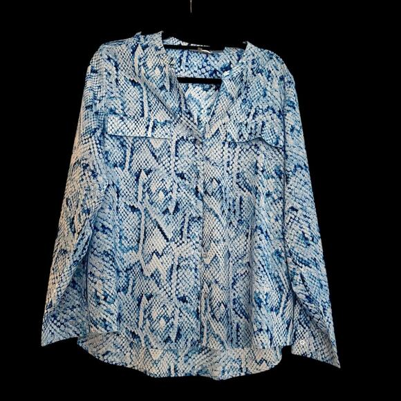 Calvin Klein Blue and White Snakeskin Pattern Crew Neck Roll Tab Sleeve Blouse - Picture 1 of 5